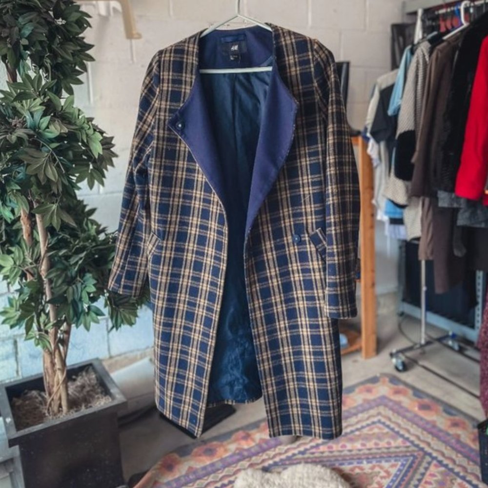H&M Navy Blue & Yellow Wool Blend Plaid Coat - Size 6